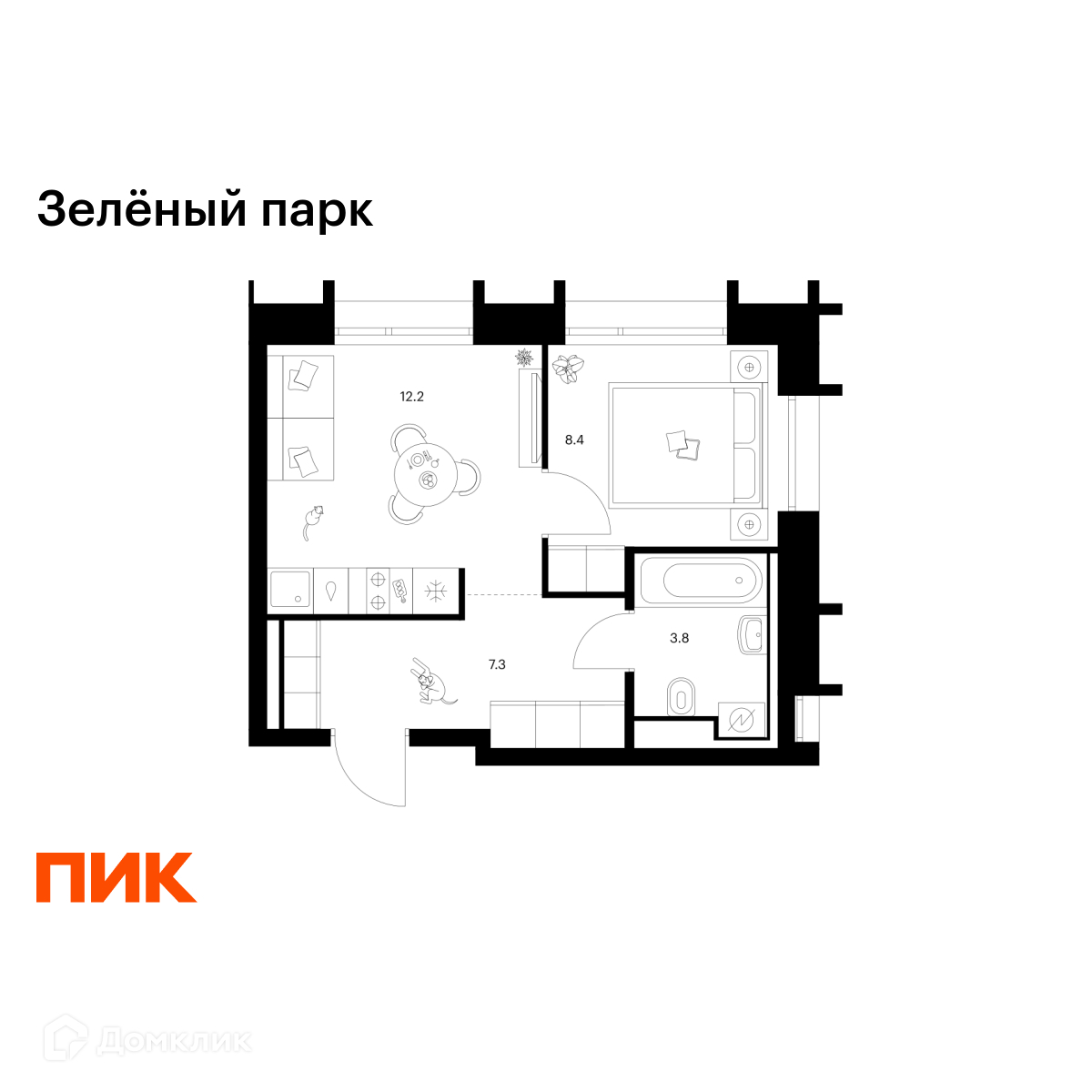 Планировка 1-комн. в ЖК «Зелёный парк»