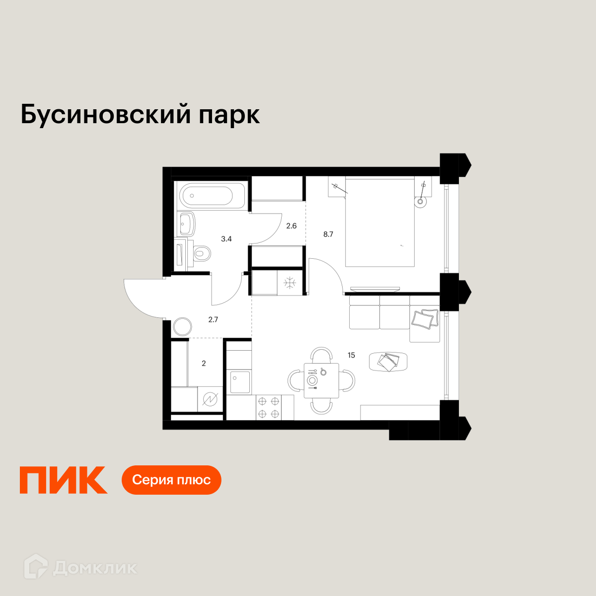 Планировка 1-комн. в ЖК «Бусиновский парк»