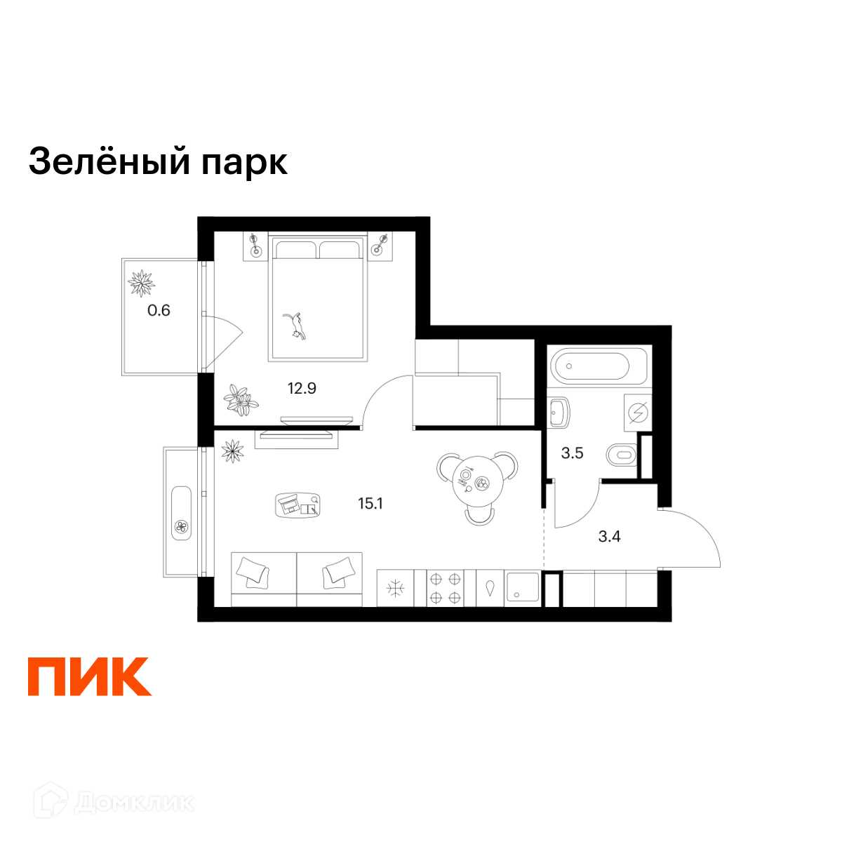 Планировка 1-комн. в ЖК «Зелёный парк»