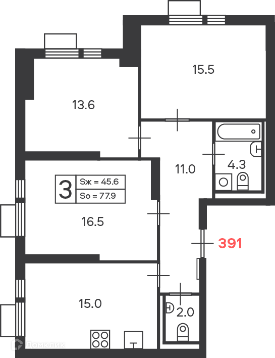 Планировка 3-комн. в ЖК «Дмитровское шоссе 89 (Московские кварталы)»