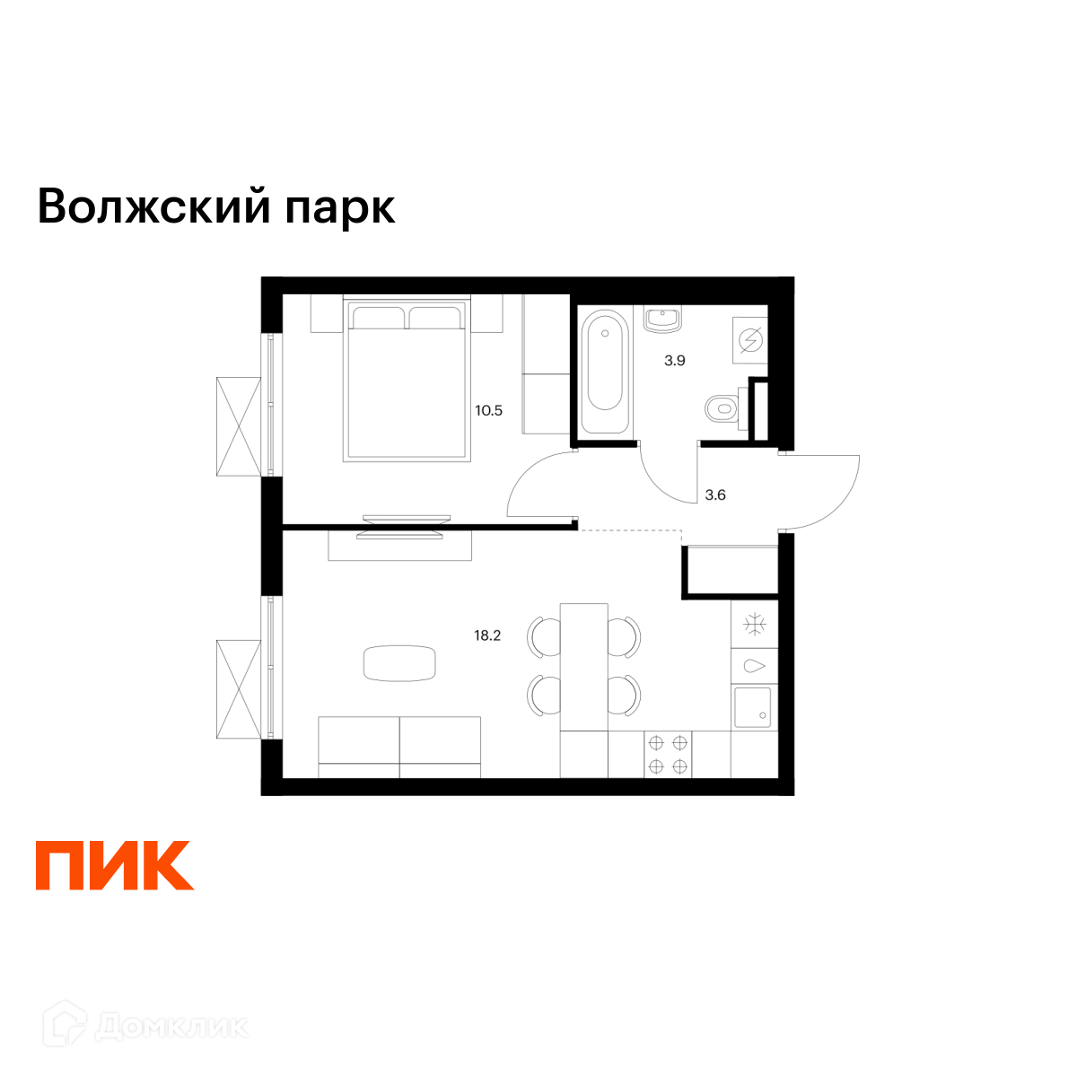Планировка 1-комн. в ЖК «Волжский парк»