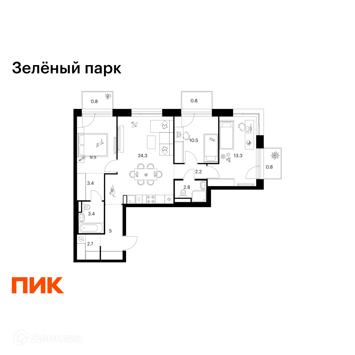 Планировка 3-комн. в ЖК «Зелёный парк»