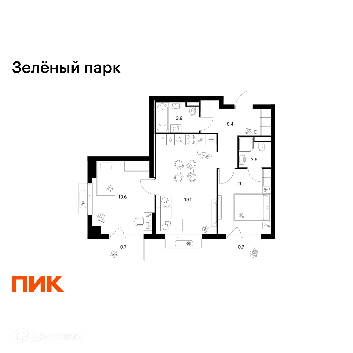 Планировка 2-комн. в ЖК «Зелёный парк»