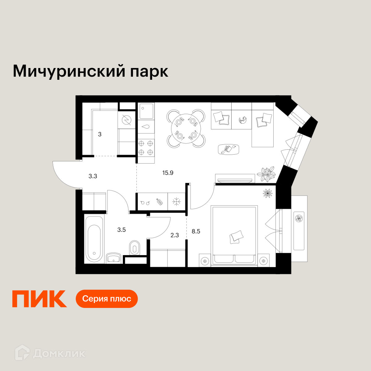Планировка 1-комн. в ЖК «Мичуринский парк»