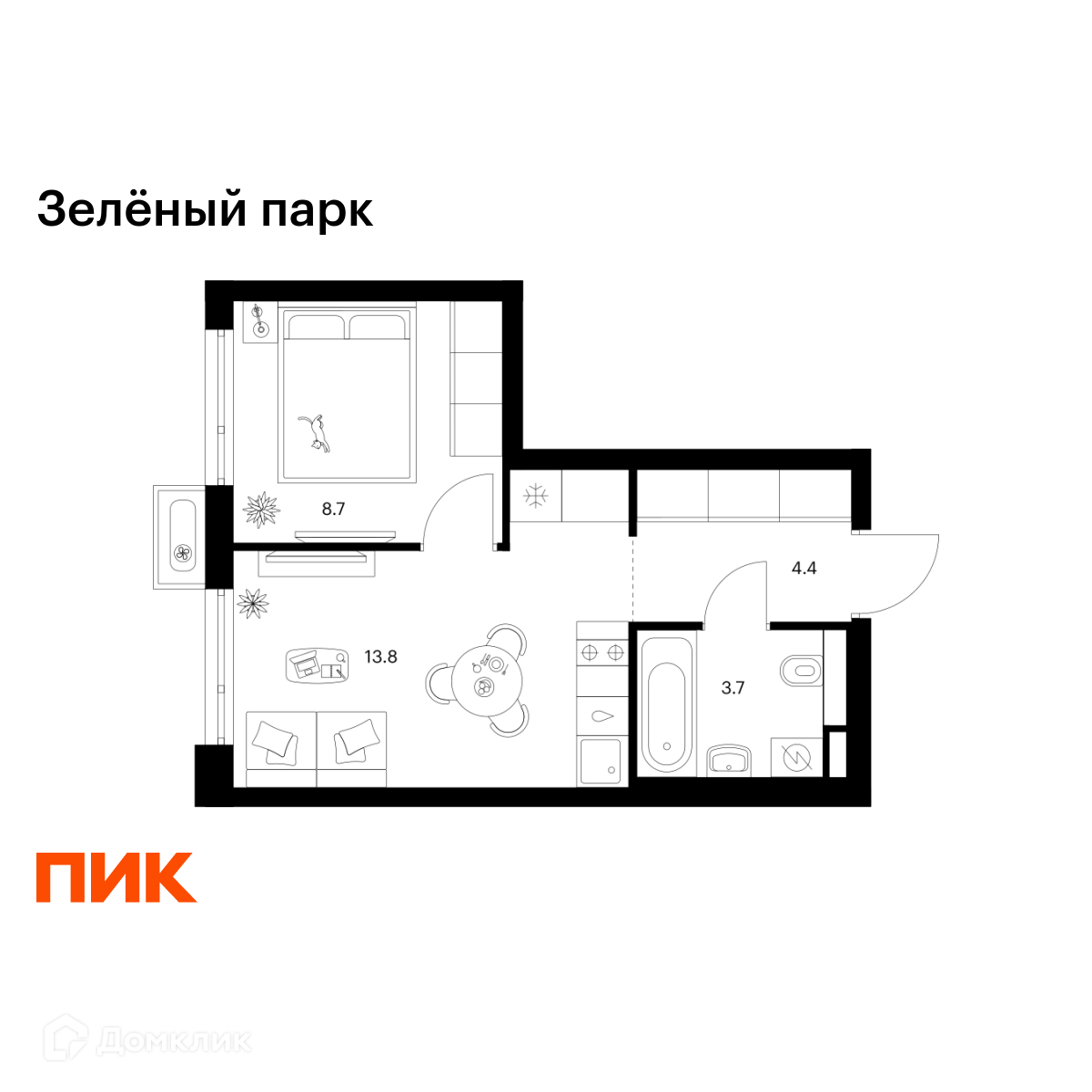 Планировка 1-комн. в ЖК «Зелёный парк»
