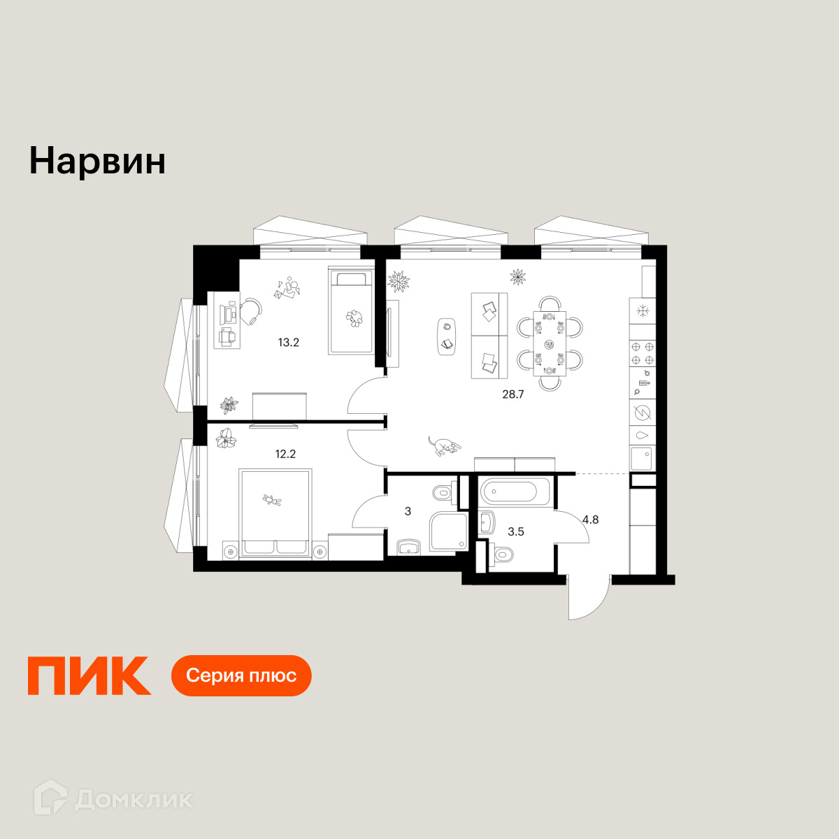Планировка 2-комн. в ЖК «Нарвин»