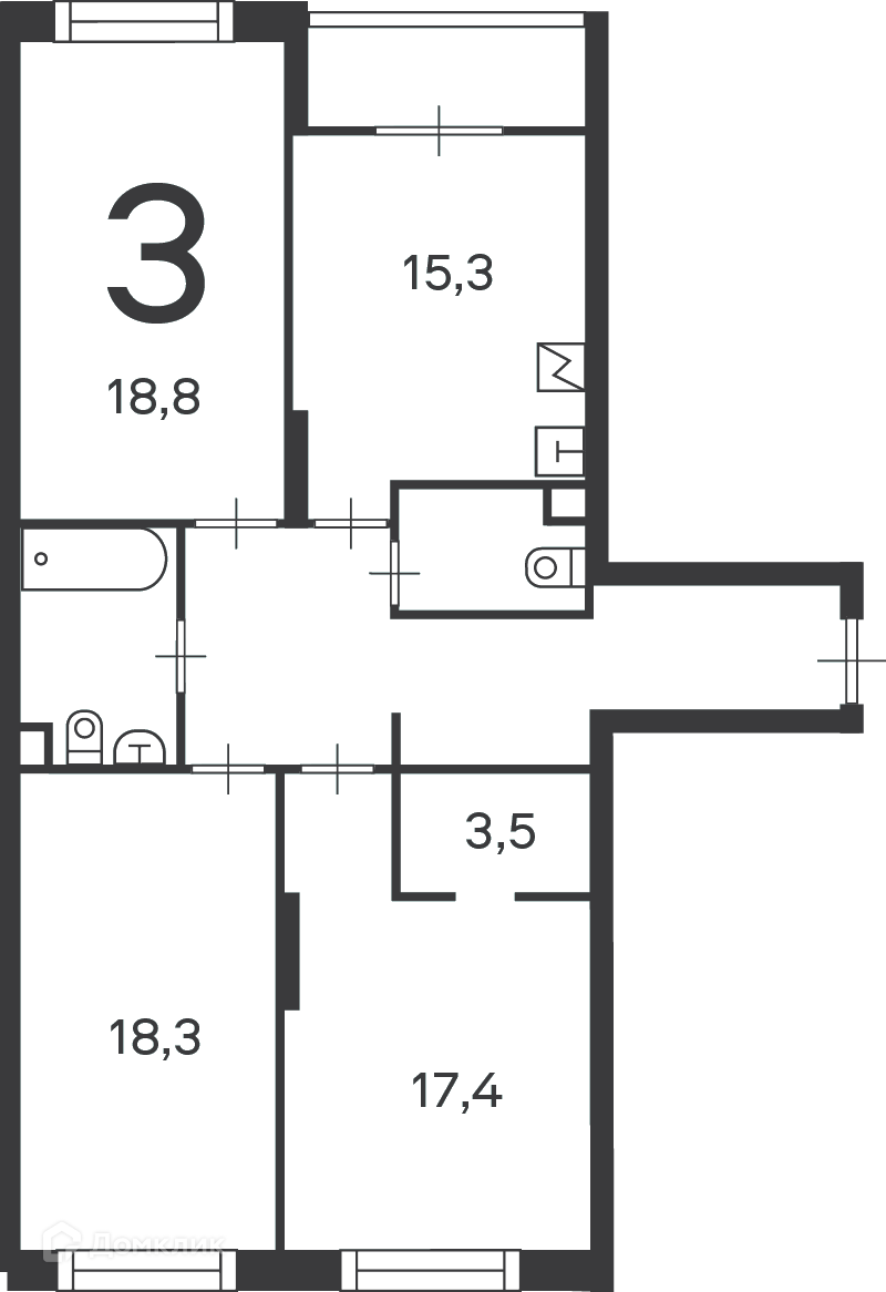 Планировка 3-комн. в ЖК «Клинская ул., д. 2А, к. 7 (Московские кварталы)»