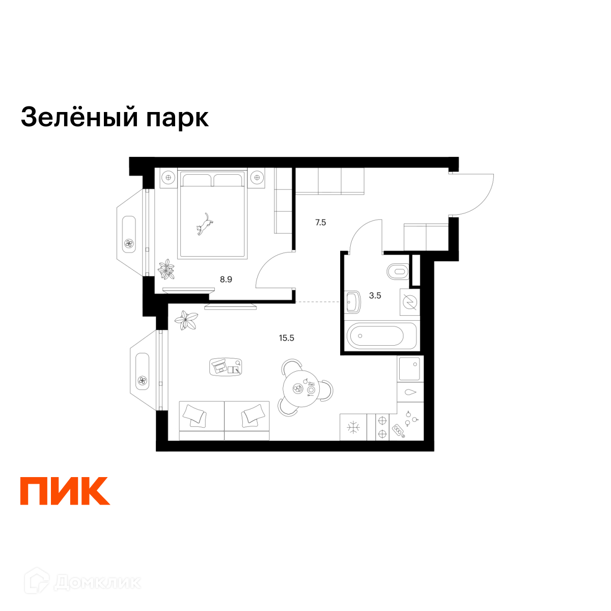 Планировка 1-комн. в ЖК «Зелёный парк»