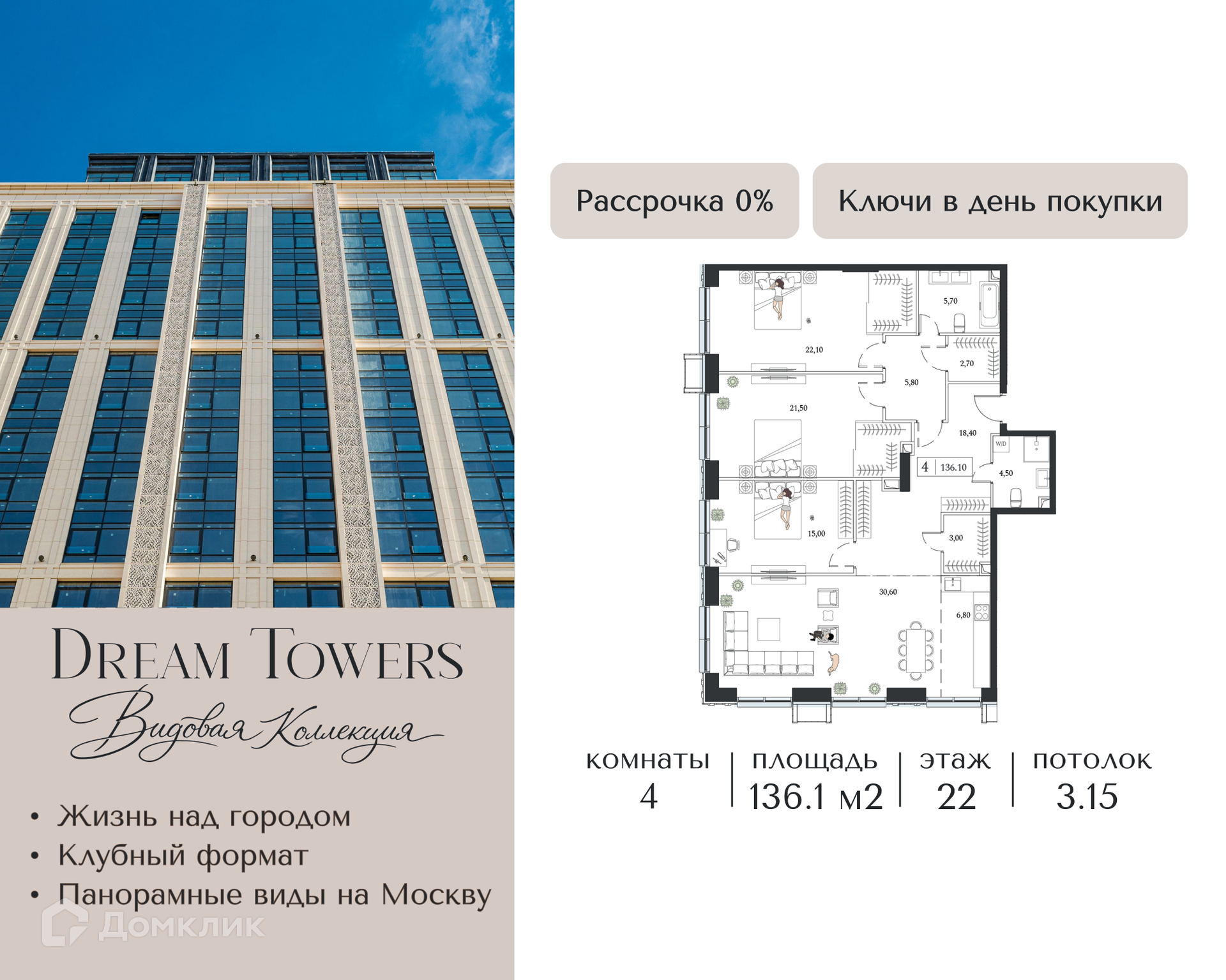 Планировка 4-комн. в ЖК «Дрим Тауэрс»