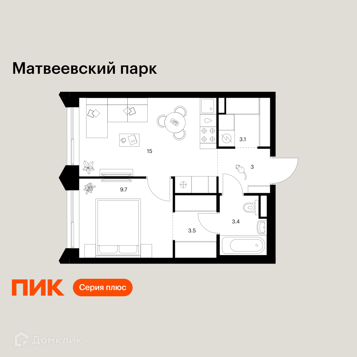 Планировка 1-комн. в ЖК «Матвеевский парк»