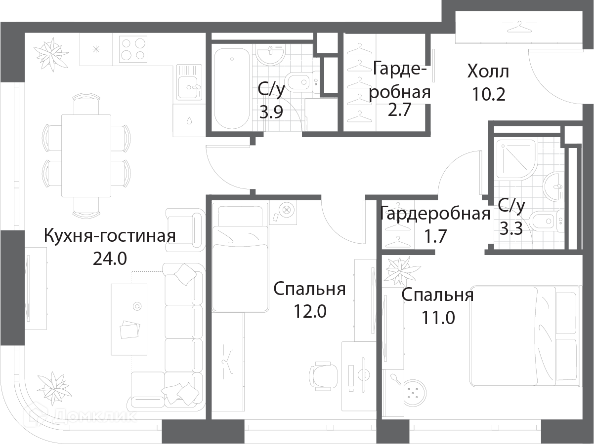 Планировка 2-комн. в ЖК «Нагатино Ай-Лэнд»
