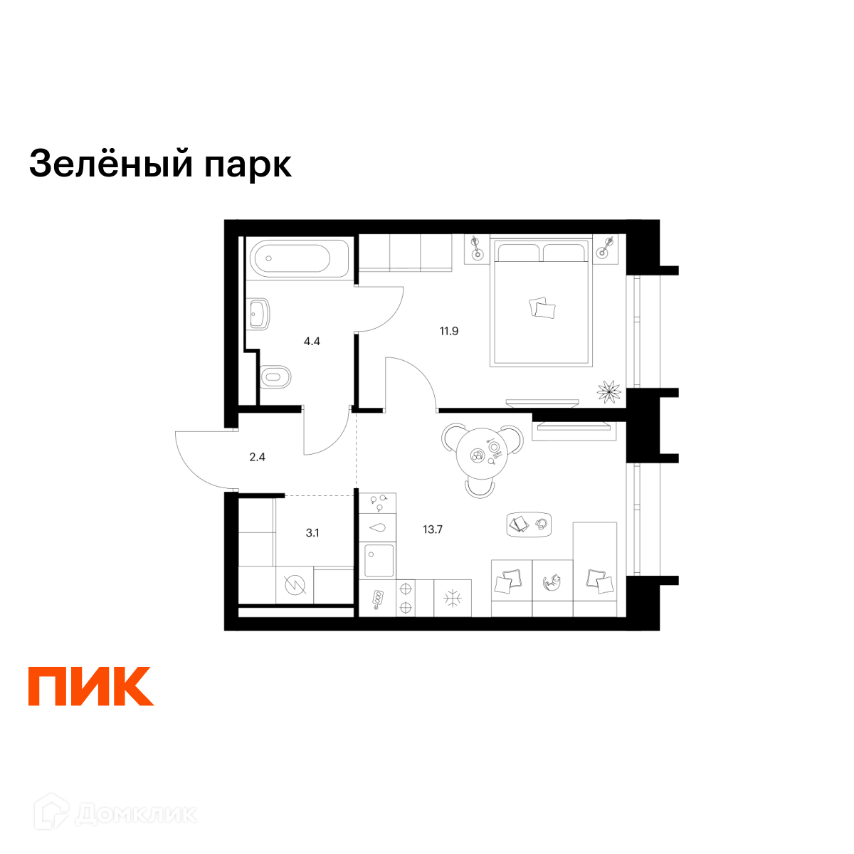 Планировка 1-комн. в ЖК «Зелёный парк»