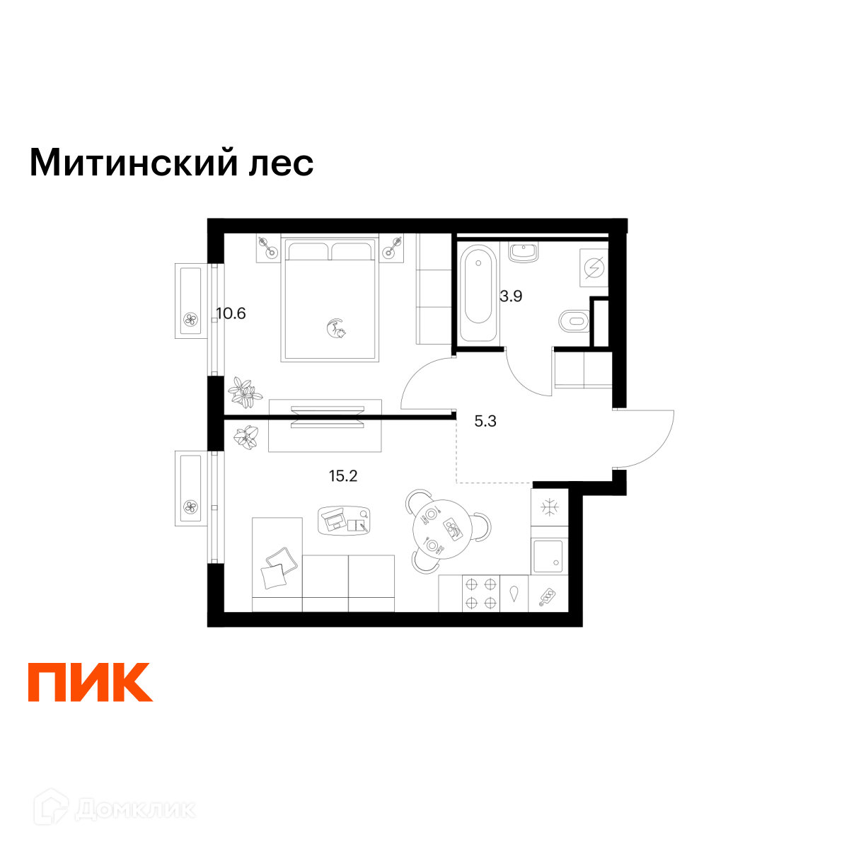 Планировка 1-комн. в ЖК «Митинский лес»