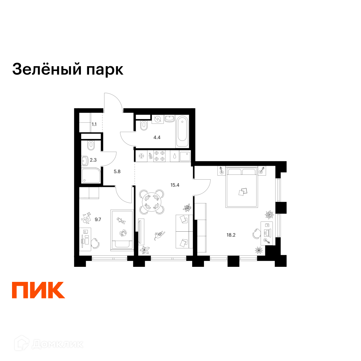 Планировка 2-комн. в ЖК «Зелёный парк»