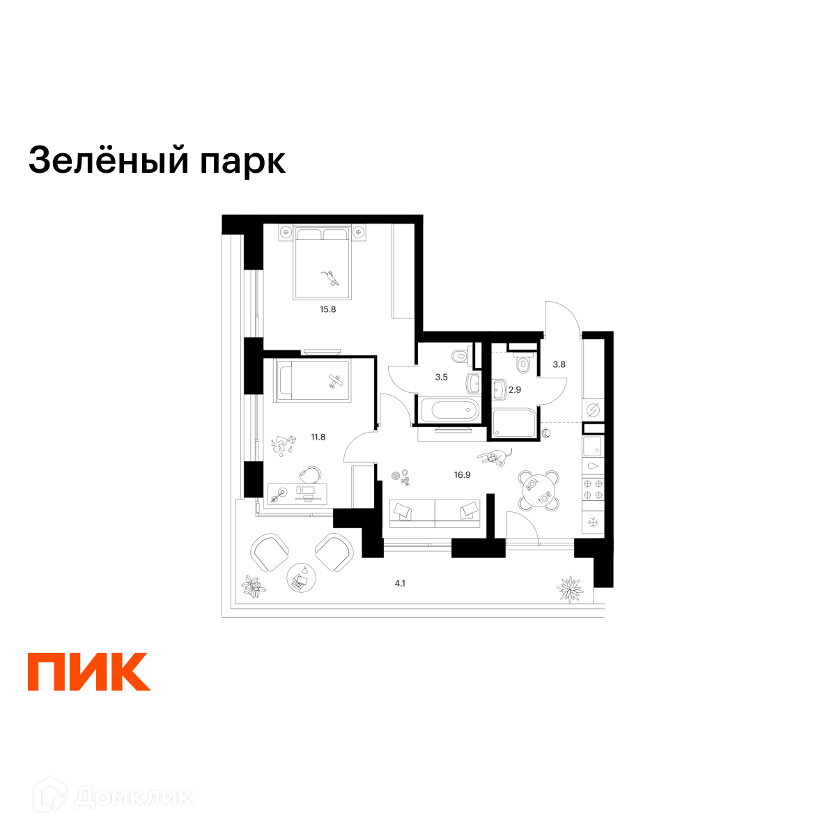 Планировка 2-комн. в ЖК «Зелёный парк»