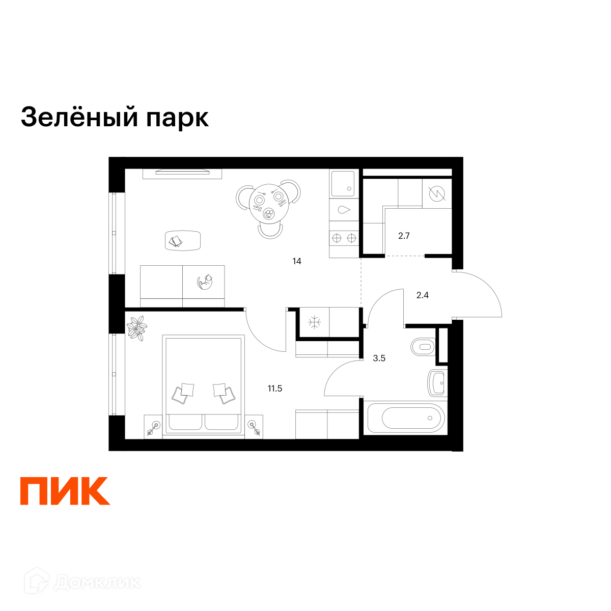 Планировка 1-комн. в ЖК «Зелёный парк»
