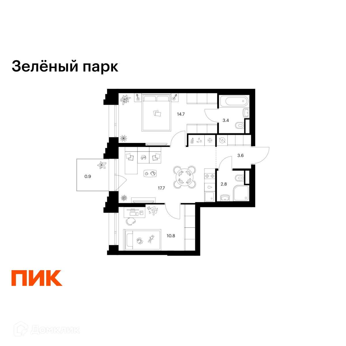 Планировка 2-комн. в ЖК «Зелёный парк»