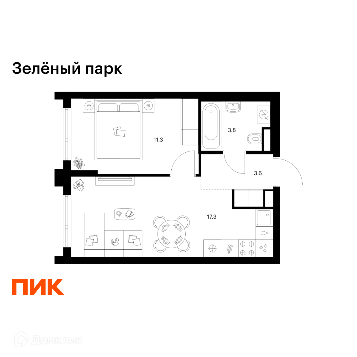 Планировка 1-комн. в ЖК «Зелёный парк»