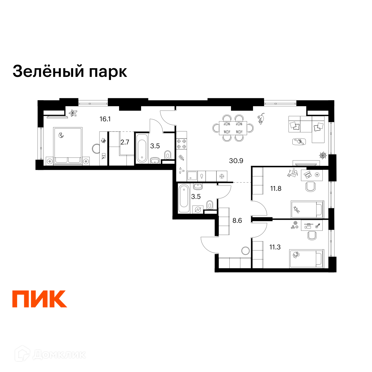 Планировка 3-комн. в ЖК «Зелёный парк»