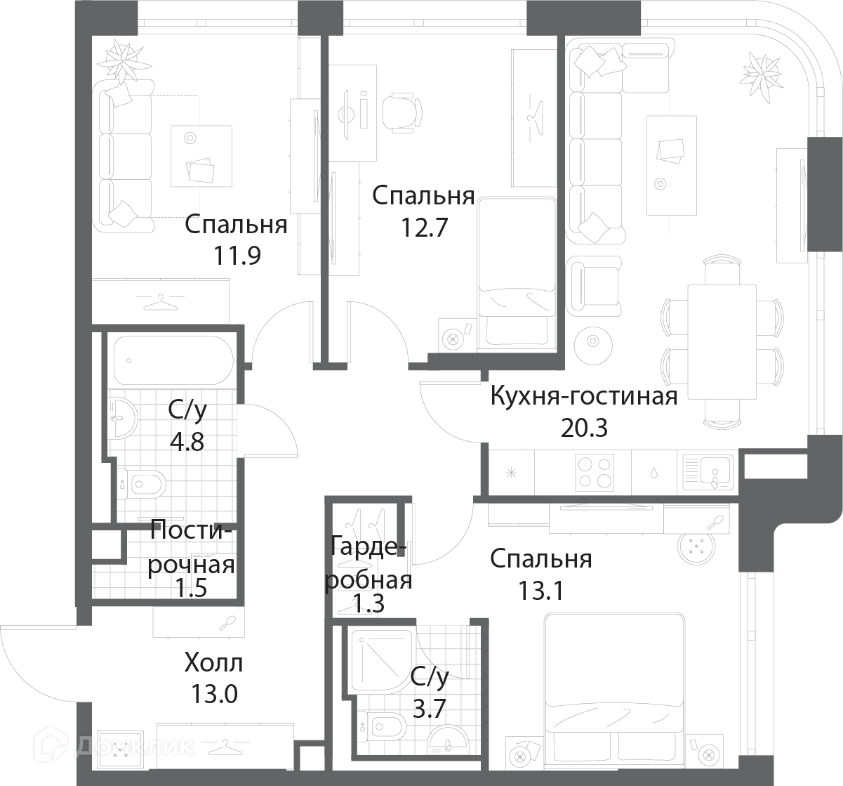 Планировка 3-комн. в ЖК «Нагатино Ай-Лэнд»