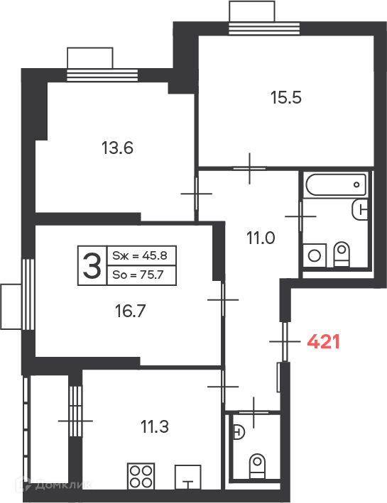 Планировка 3-комн. в ЖК «Дмитровское шоссе 89 (Московские кварталы)»