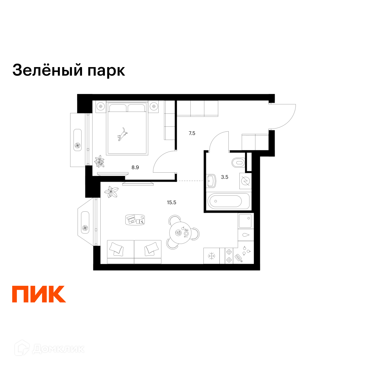 Планировка 1-комн. в ЖК «Зелёный парк»