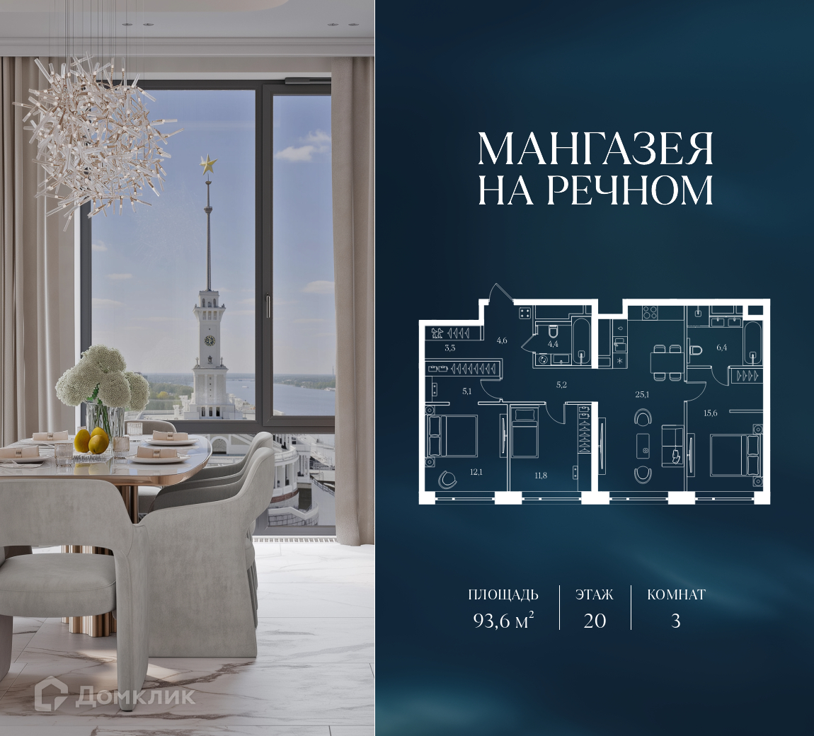 Планировка 3-комн. в ЖК «Мангазея на Речном»