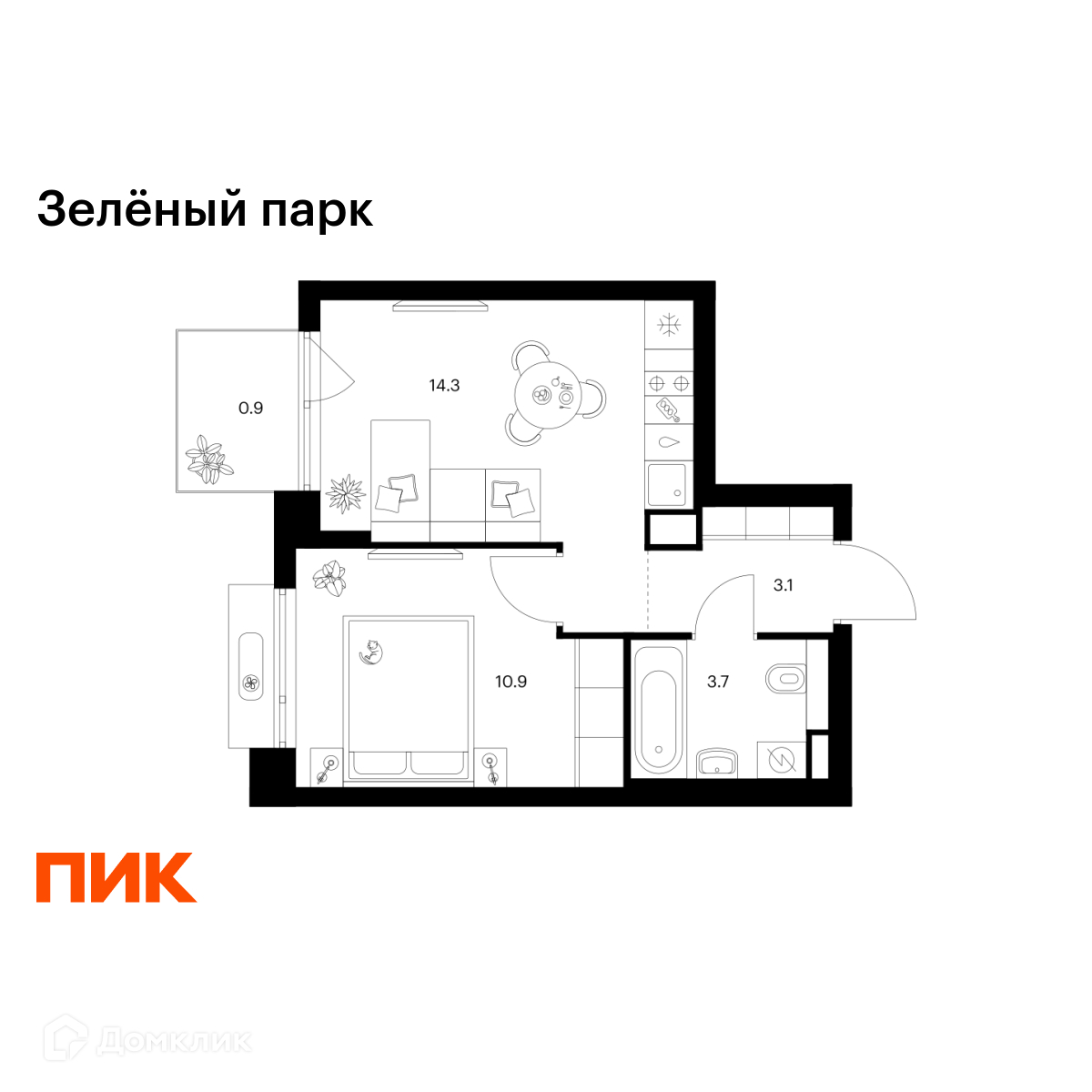 Планировка 1-комн. в ЖК «Зелёный парк»