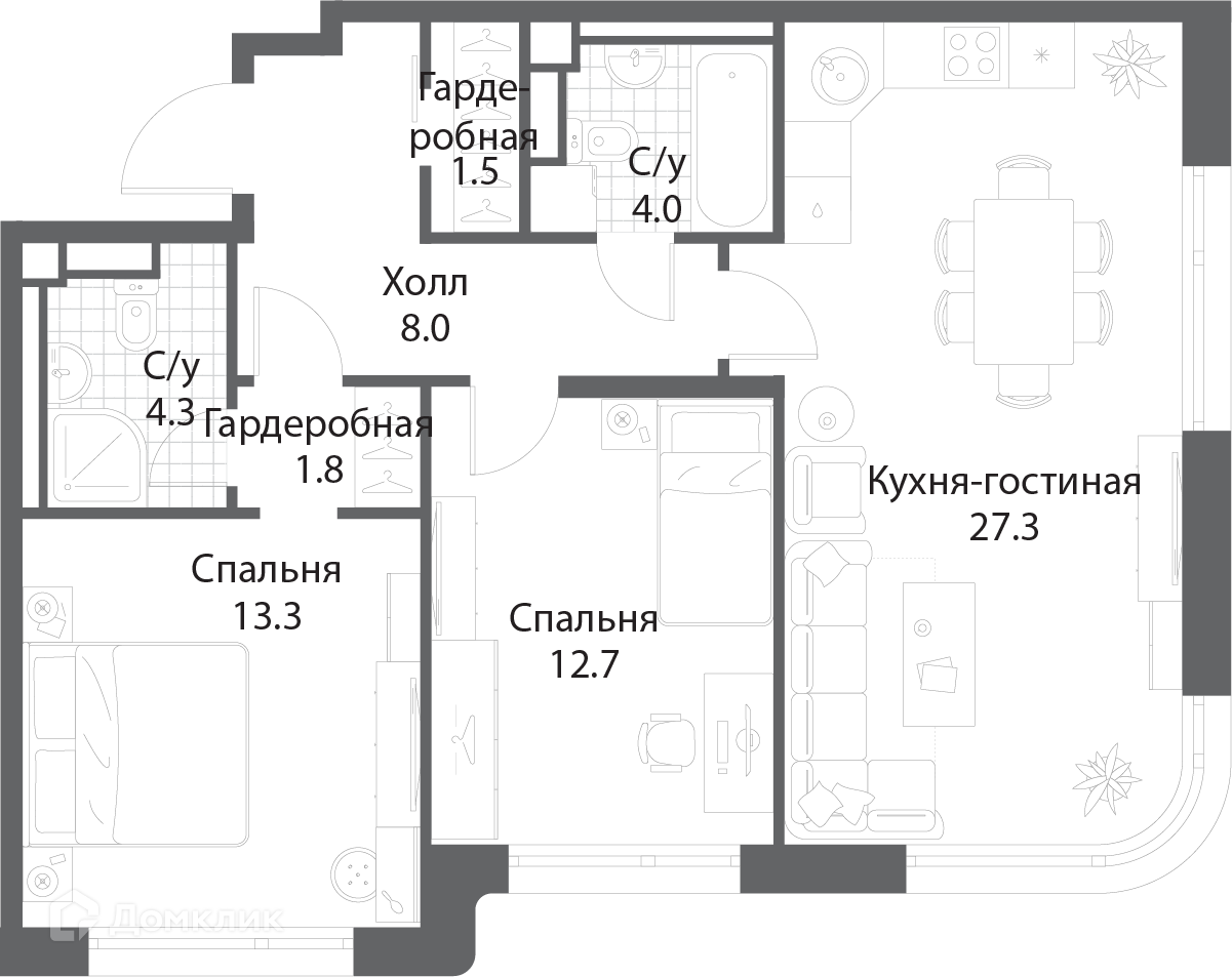 Планировка 2-комн. в ЖК «Нагатино Ай-Лэнд»
