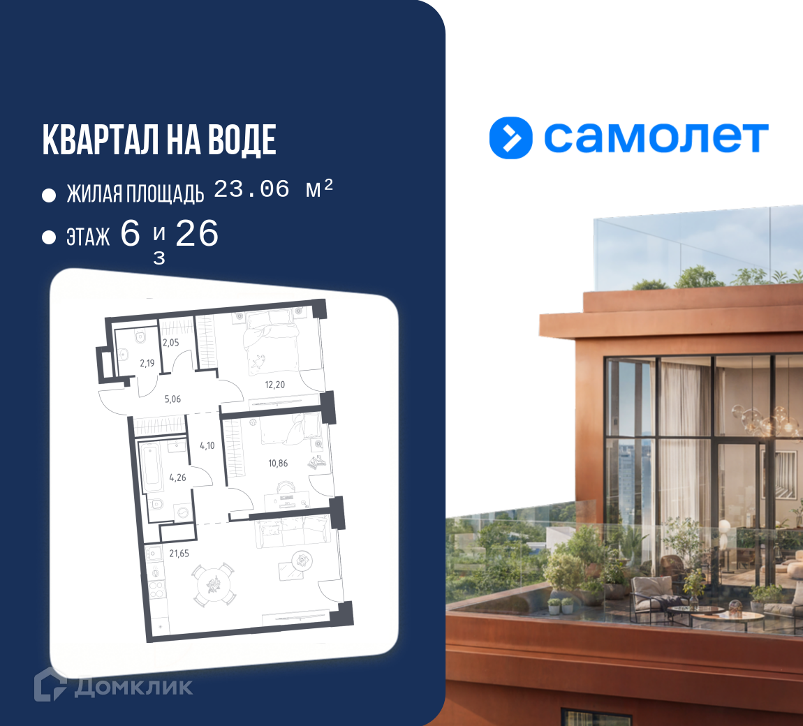 Планировка 2-комн. в ЖК «Квартал на воде»