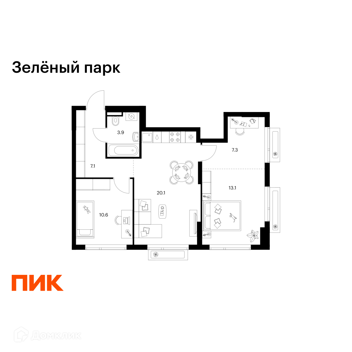 Планировка 2-комн. в ЖК «Зелёный парк»