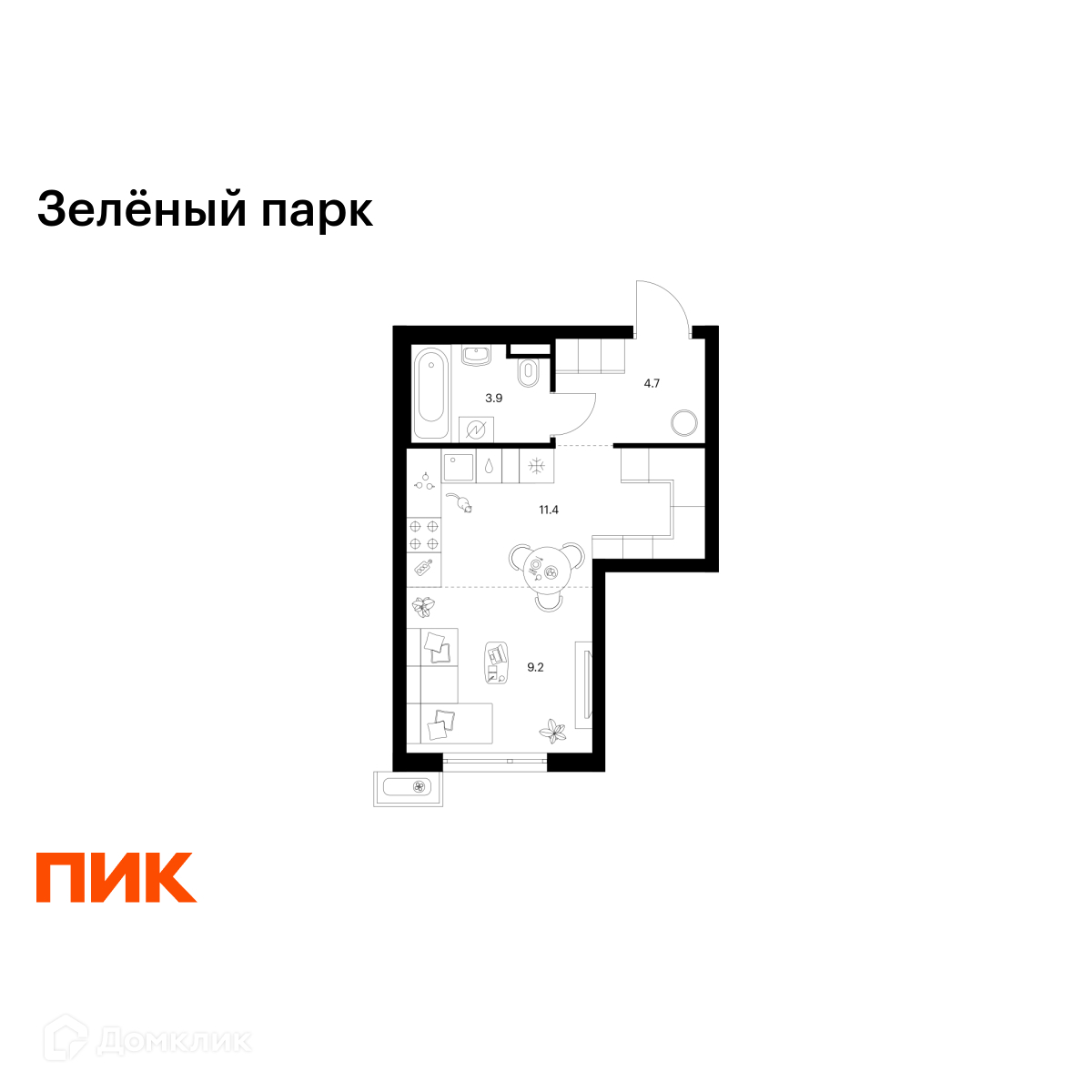 Планировка 1-комн. в ЖК «Зелёный парк»