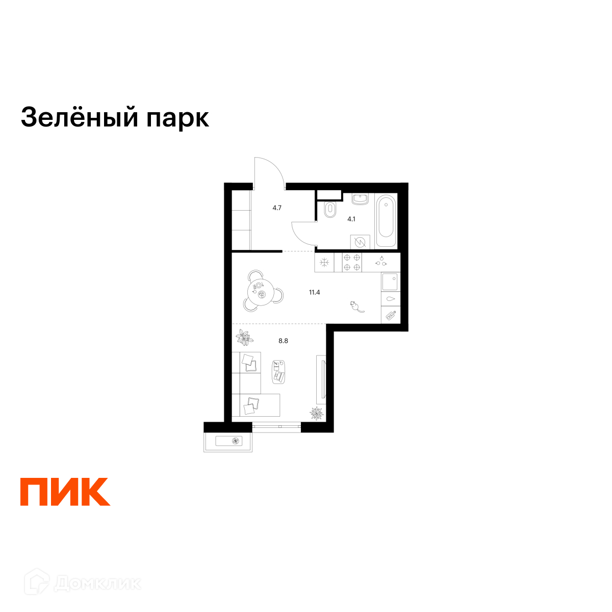 Планировка 1-комн. в ЖК «Зелёный парк»