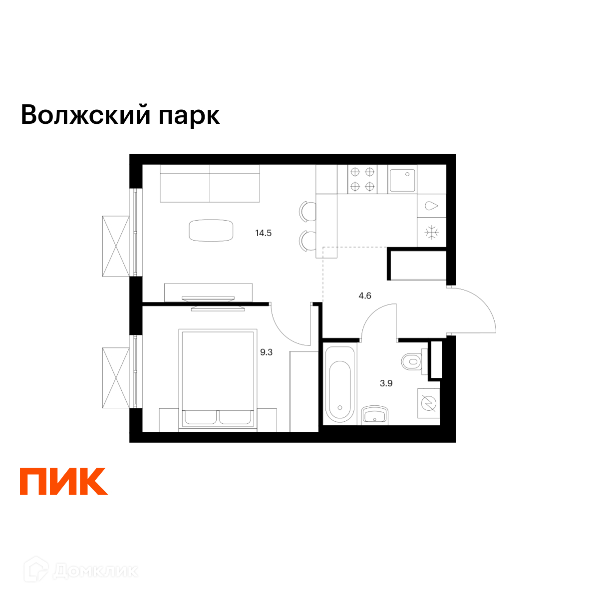 Планировка 1-комн. в ЖК «Волжский парк»