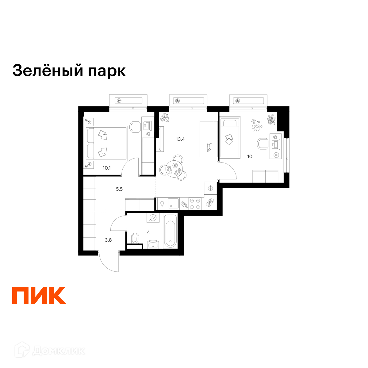 Планировка 2-комн. в ЖК «Зелёный парк»