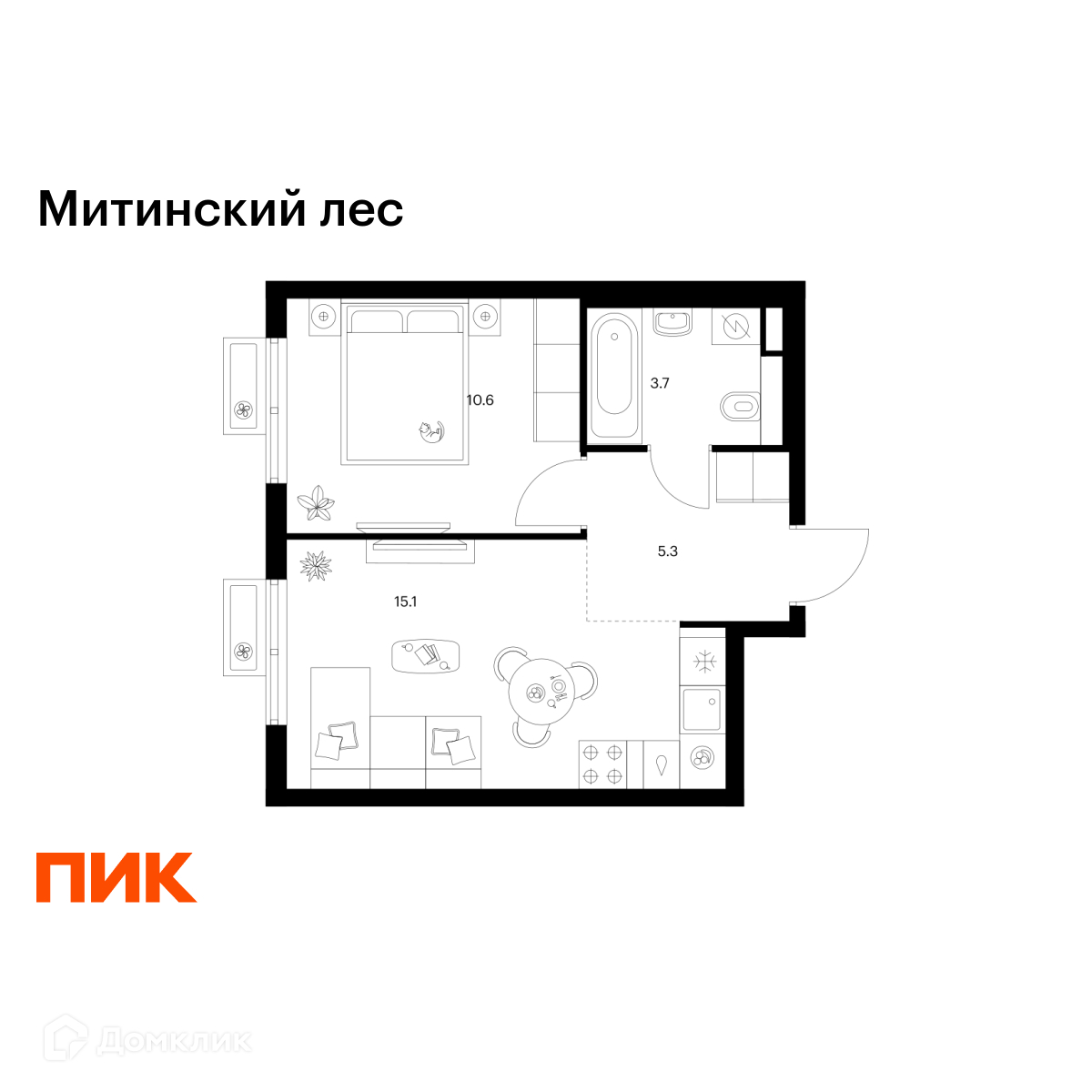 Планировка 1-комн. в ЖК «Митинский лес»