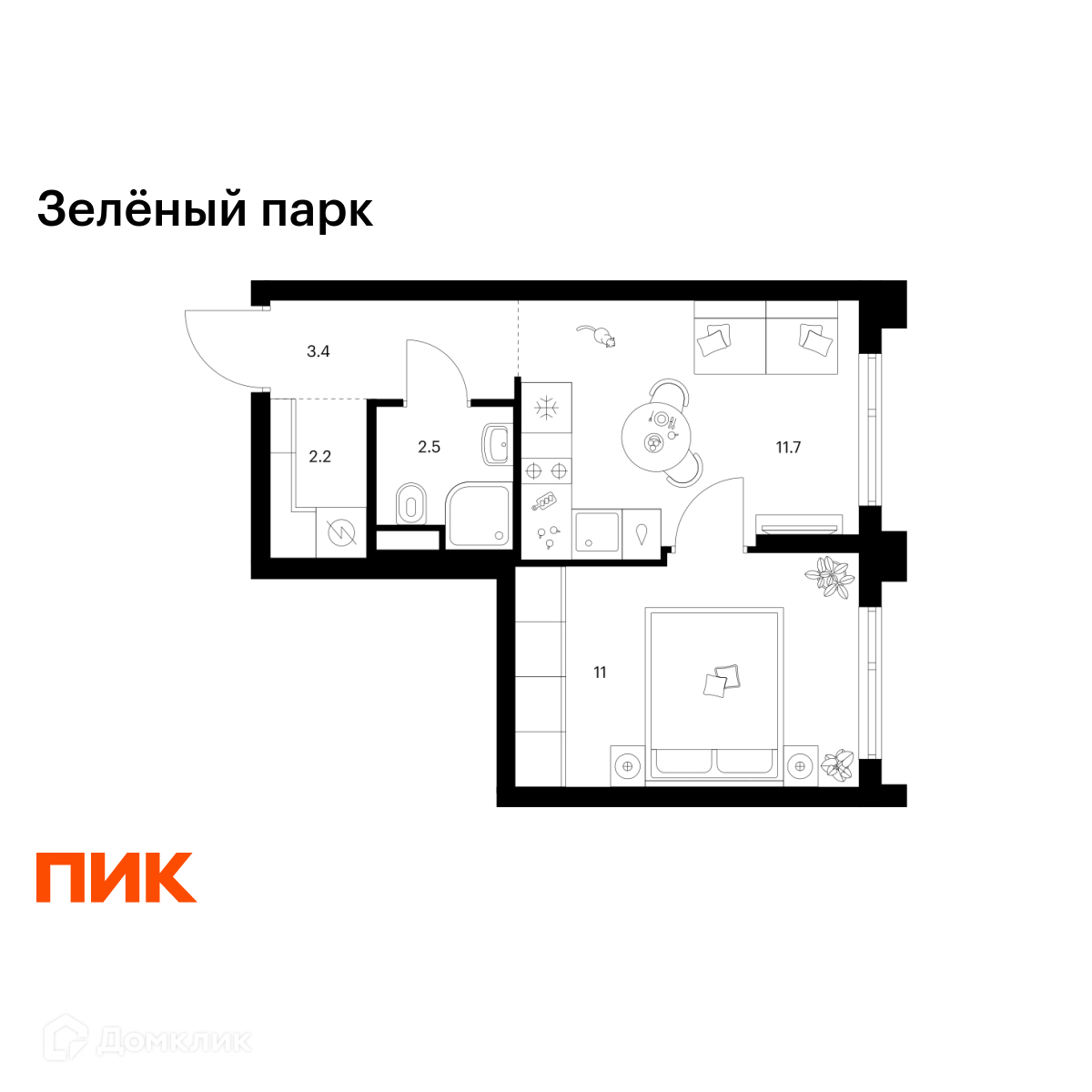 Планировка 1-комн. в ЖК «Зелёный парк»