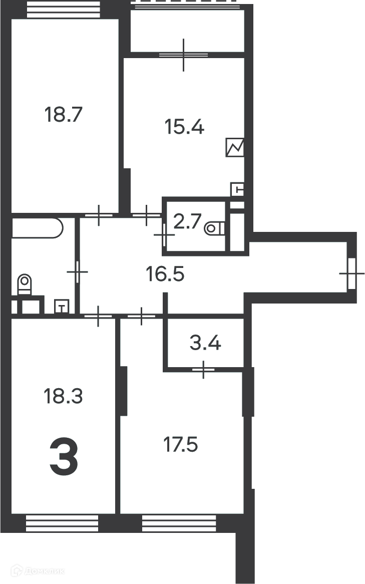 Планировка 3-комн. в ЖК «Клинская ул., д. 2А, к. 7 (Московские кварталы)»