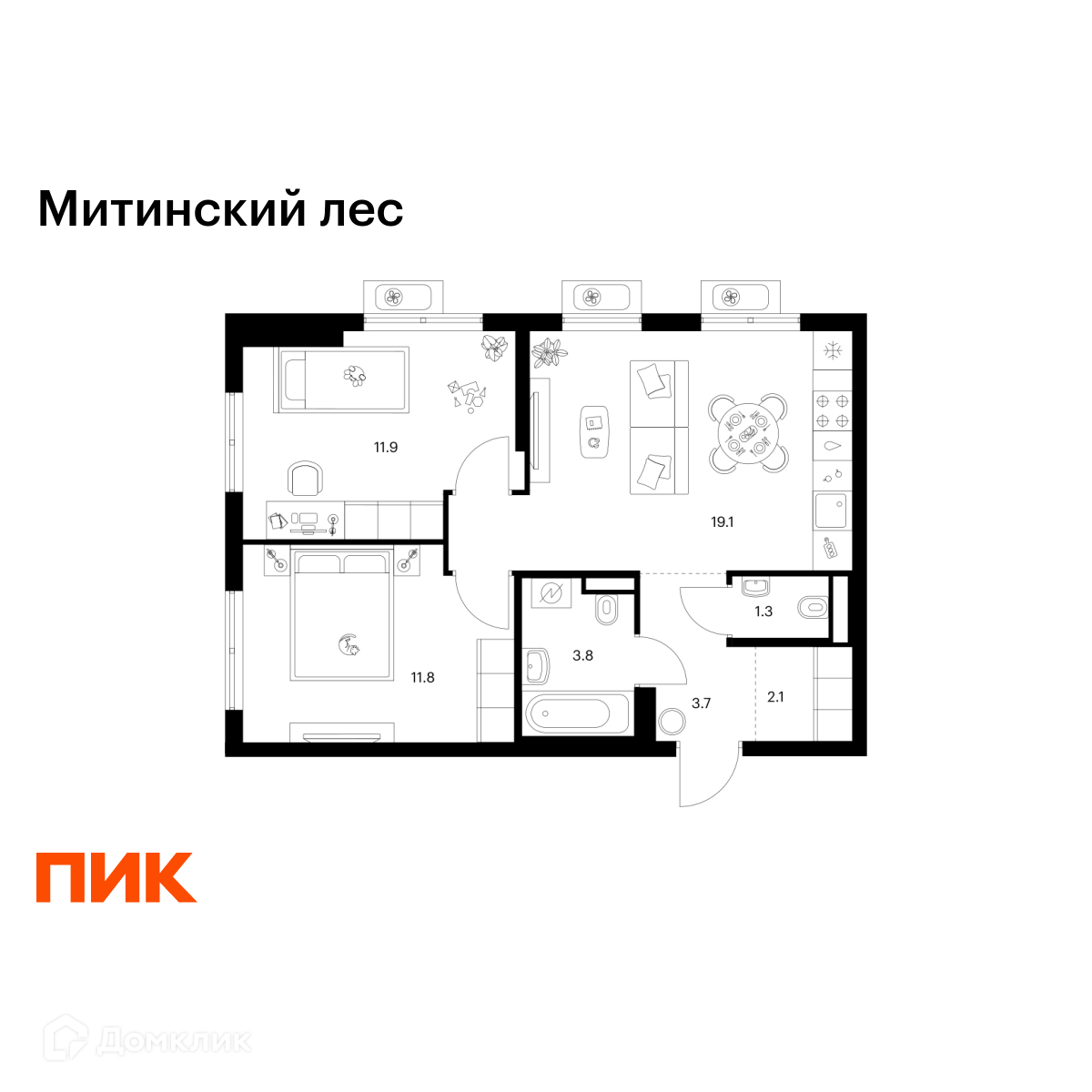 Планировка 2-комн. в ЖК «Митинский лес»