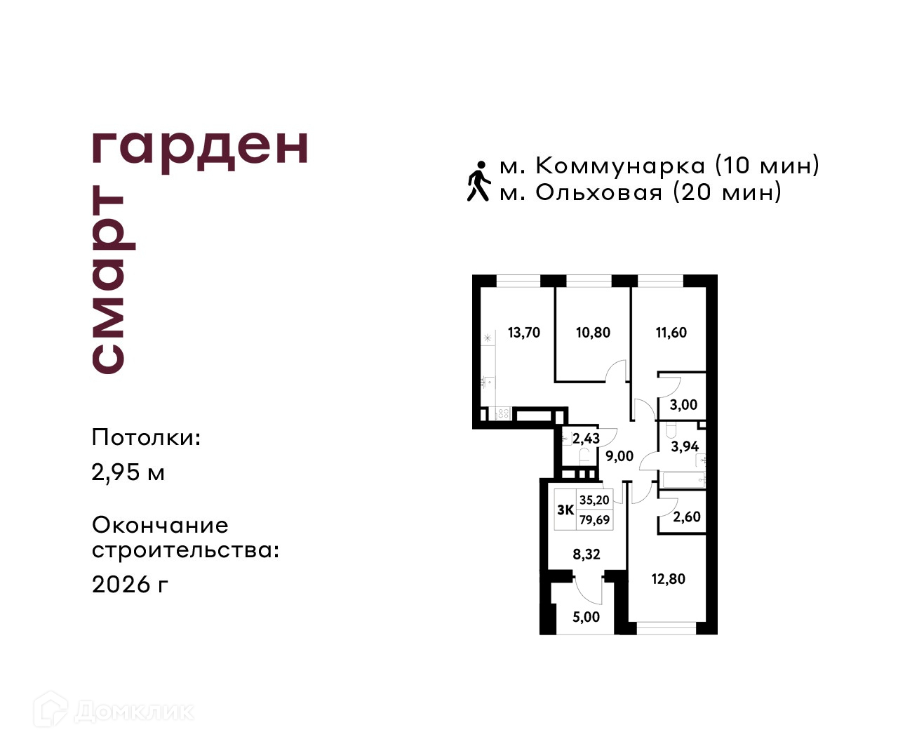 Планировка 3-комн. в ЖК «Смарт Гарден»