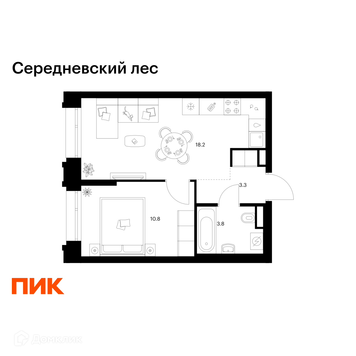 Планировка 1-комн. в ЖК «Середневский лес»