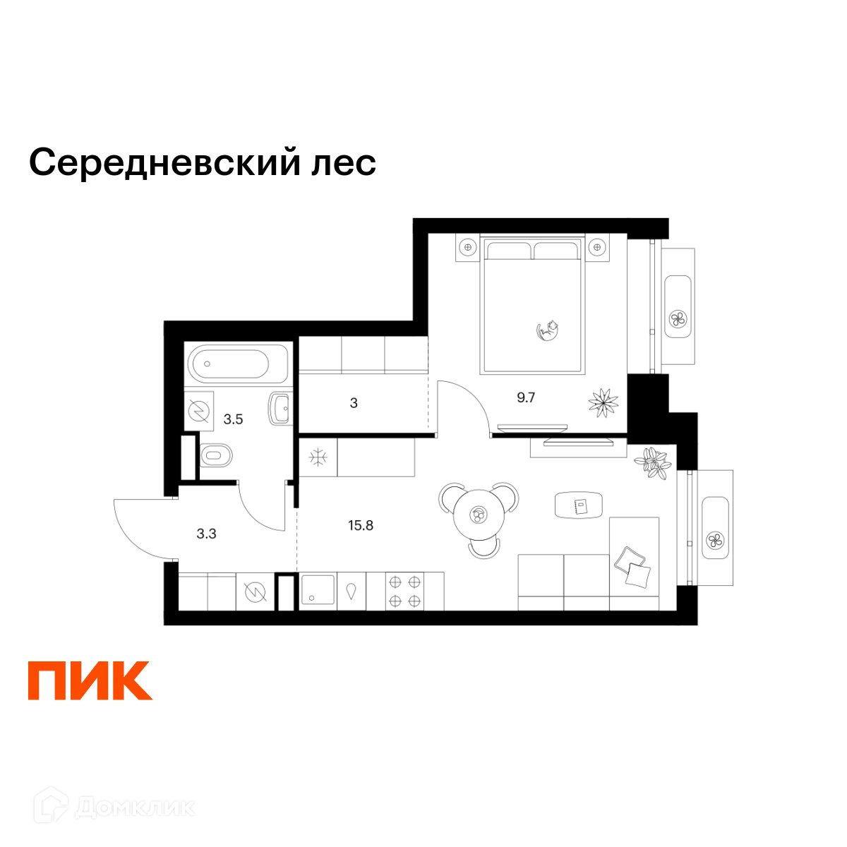 Планировка 1-комн. в ЖК «Середневский лес»