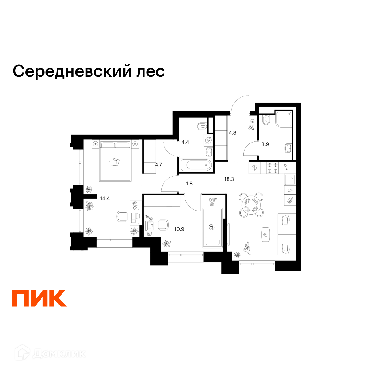 Планировка 2-комн. в ЖК «Середневский лес»