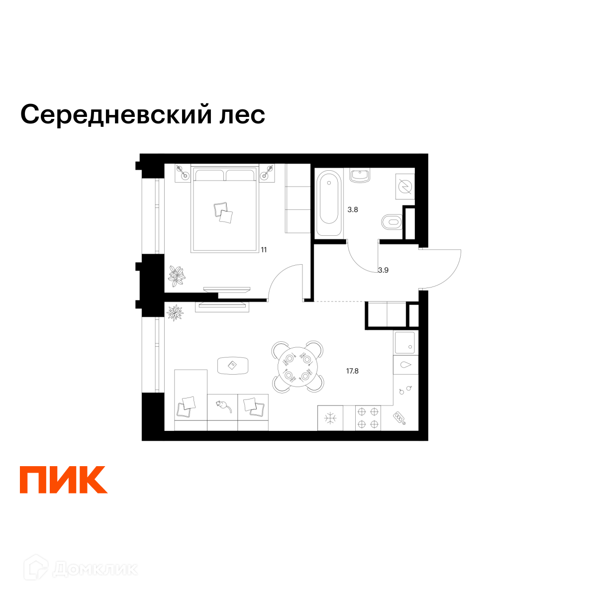 Планировка 1-комн. в ЖК «Середневский лес»