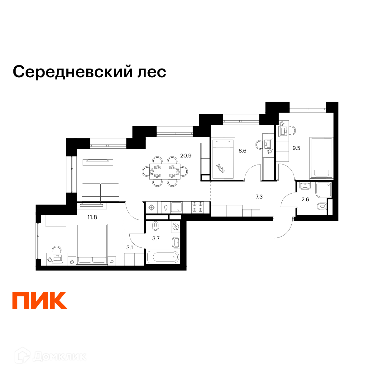 Планировка 3-комн. в ЖК «Середневский лес»