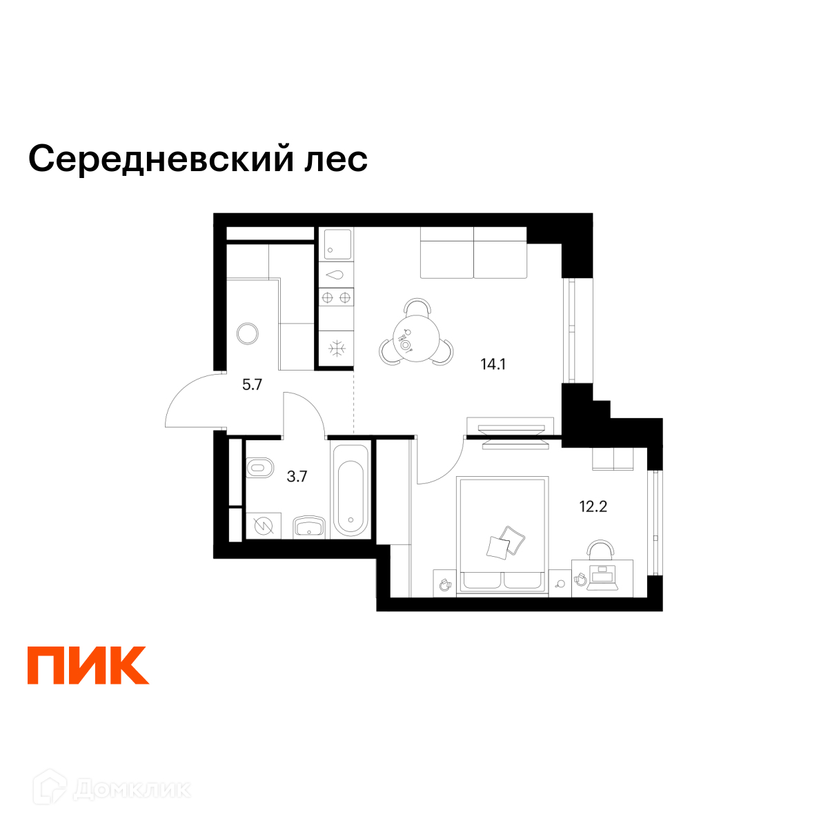 Планировка 1-комн. в ЖК «Середневский лес»