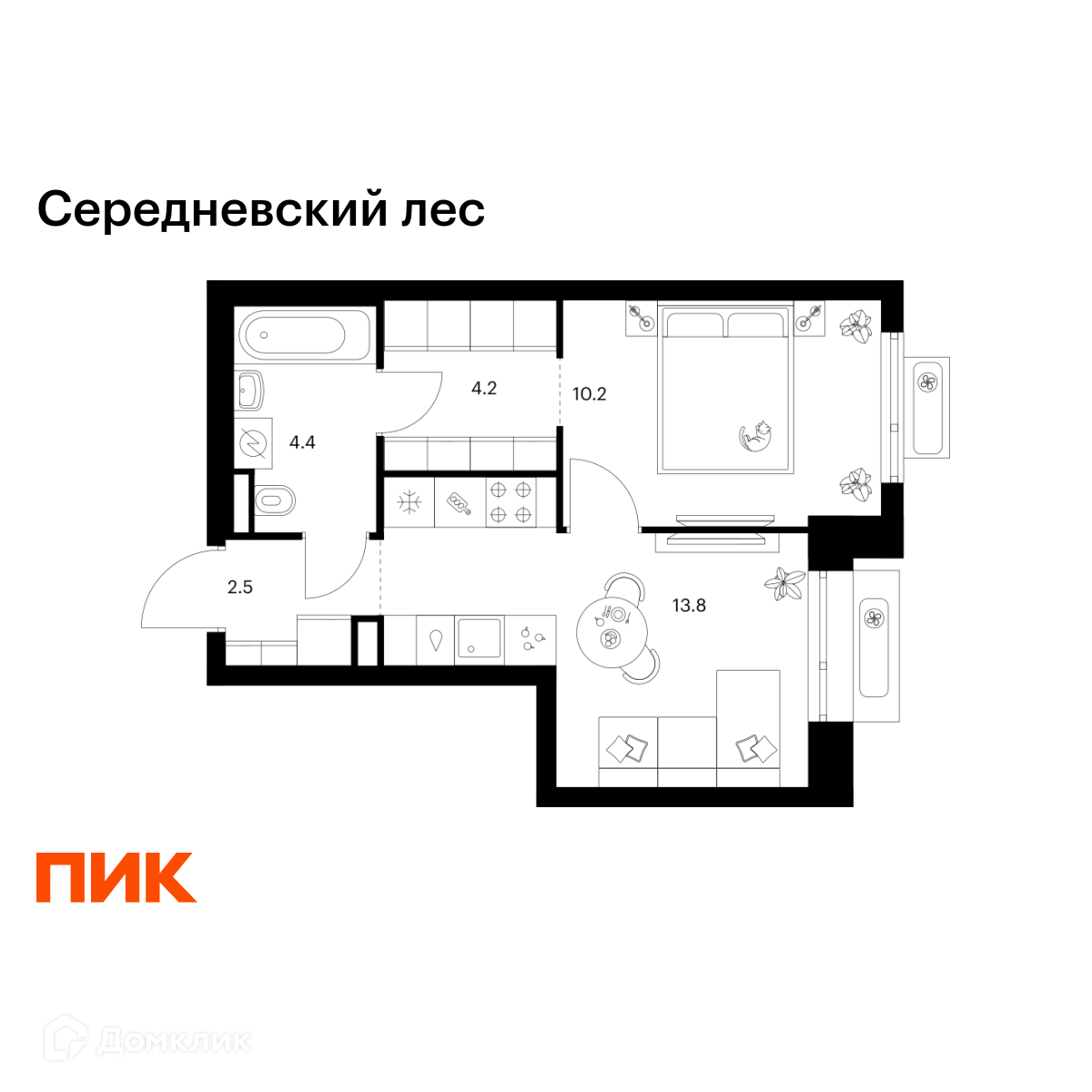 Планировка 1-комн. в ЖК «Середневский лес»