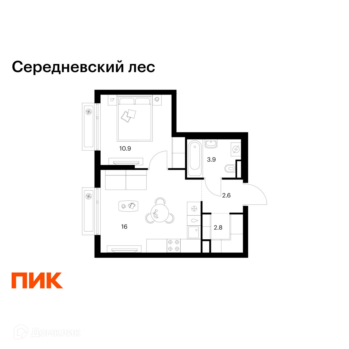 Планировка 1-комн. в ЖК «Середневский лес»