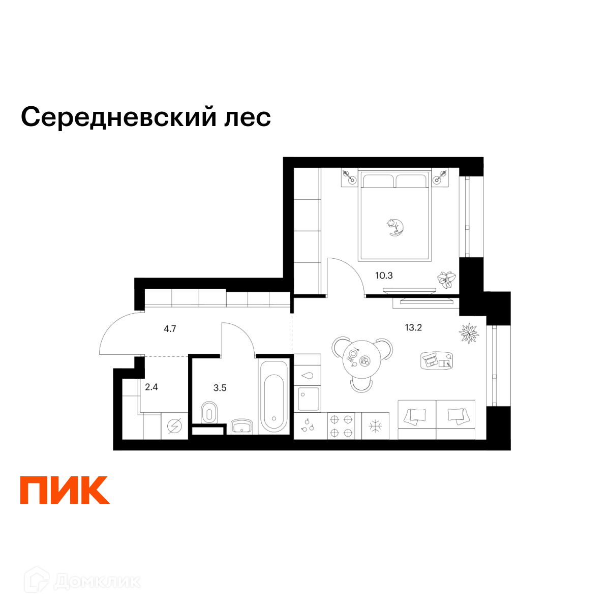 Планировка 1-комн. в ЖК «Середневский лес»