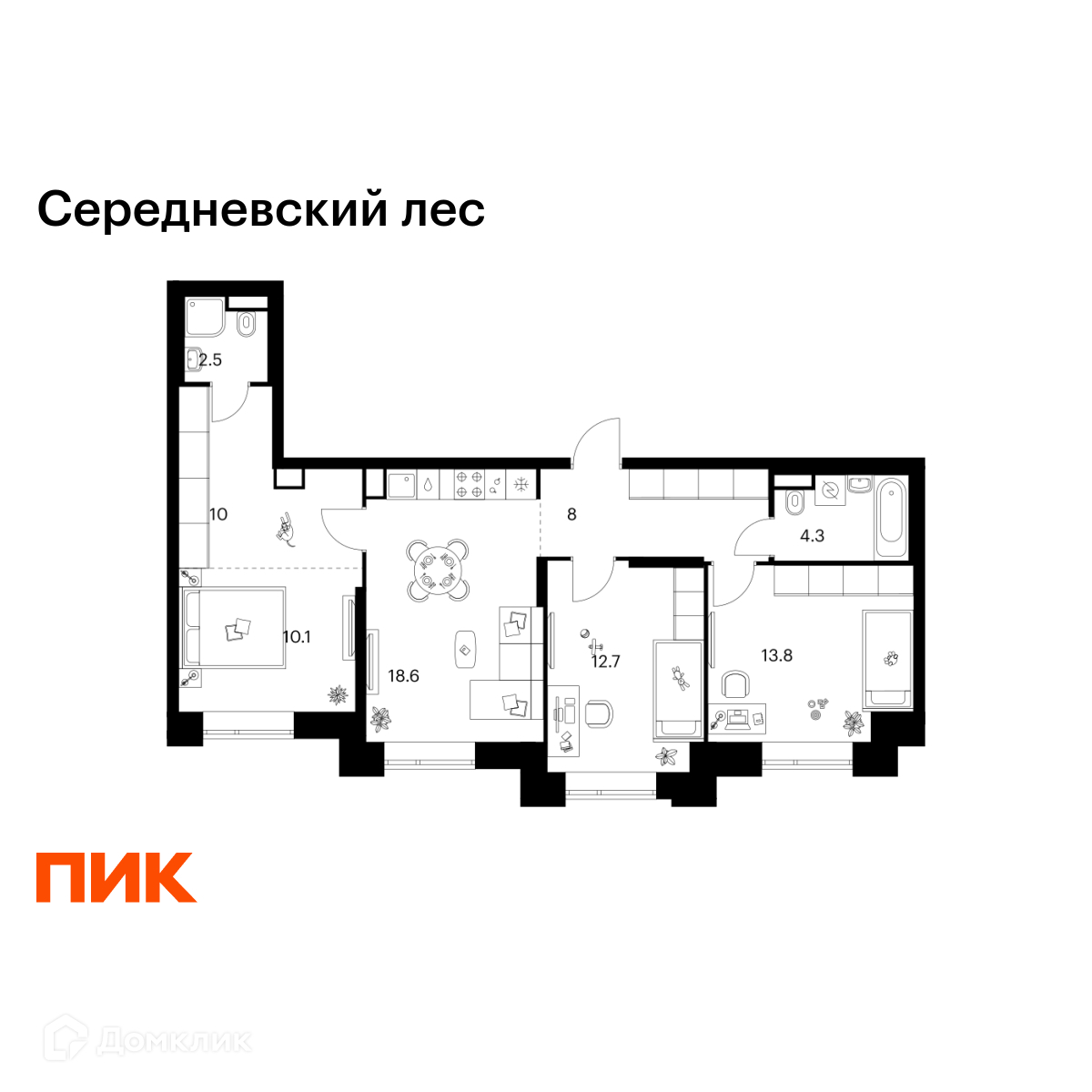 Планировка 3-комн. в ЖК «Середневский лес»